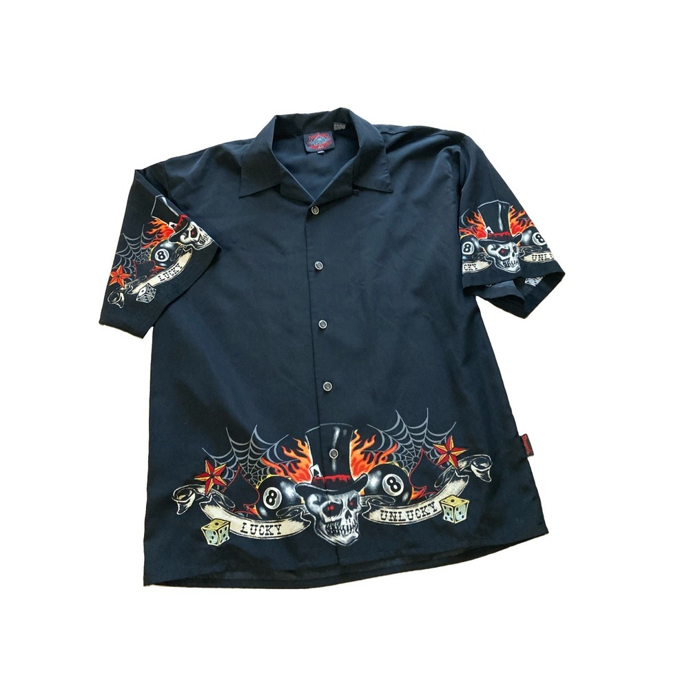 Dragonfly Road House Button Up Shirt Men's Sz XXL Black Skull Graphic Design